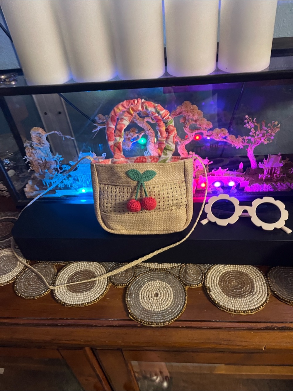 Sticked Mini Tote with Cherry Appliqué in Beige and Red